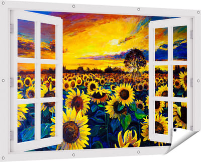 Gards Tuinposter Doorkijk Getekende Zonnebloemen Veld met Olieverf - 150x100 cm - Tuindoek - Tuindecoratie - Wanddecoratie buiten - Tuinschilderij