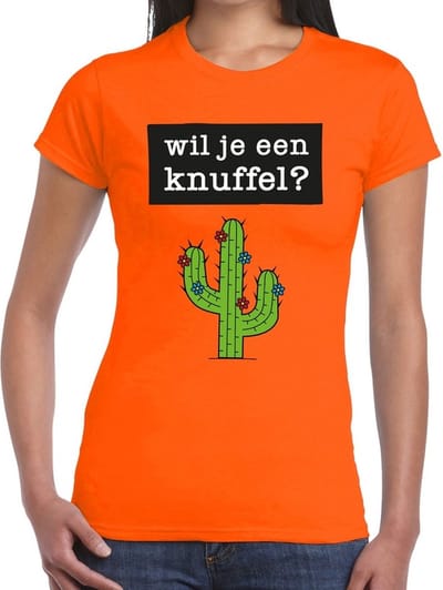 Wil je een Knuffel tekst t-shirt oranje dames - dames shirt Wil je een Knuffel - oranje kleding XS