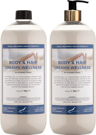 Body & Hair Creamy Wellness 1 liter met gouden pomp - set van 2 stuks - 2 in 1 voor lichaam en haar - voordeelverpakking