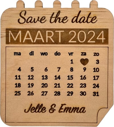 Save the date - houten bordjes/kaartjes met magneet voor op de koelkast of afzuigkap - 7,5 cm breed en 8,4 cm hoog - trouwdag - verlovingsfeest - verjaardag - geboorte