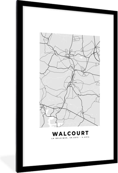 Fotolijst incl. Poster Zwart Wit- Stadskaart – Plattegrond – België – Zwart Wit – Walcourt – Kaart - 80x120 cm - Posterlijst