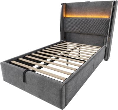 Bed 90x200cm Zonder Matras Eenpersoonsbed Grijs Linnen Opslagruimte Hydraulisch Hoofdeinde LED Verlichting USB TypeC Aansluitingen Slaapkamer Gastenkamer Gebruik