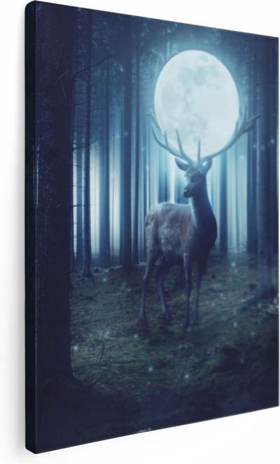 Artaza Canvas Schilderij Hertenkop Met Gewei - 30x40 cm - Klein - Wanddecoratie Bos - Muurdecoratie Nacht - Kamer Accessoires Mystiek