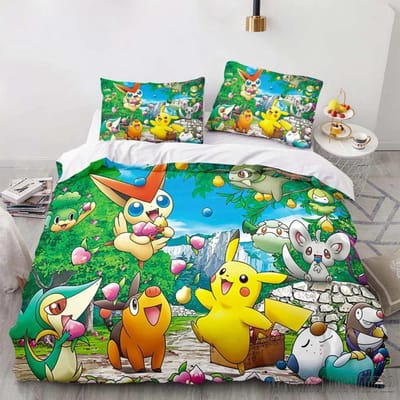 Anime Pokemon Pikachu Beddengoed Set Dekbed Dekbedovertrek Dekbed Beddengoed Twin Enkel King Kinderen Volwassenen Cadeau US King(264*228cm)3pcs