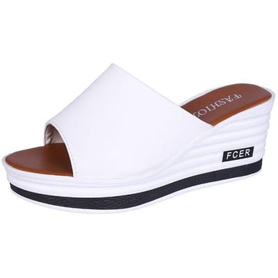 Casual Slippers Dames Zomer Leer Oppervlak Woord Sleephelling met Dames Sandalen Wilde Dikke Huis Slippers Flip Flops 39 brown