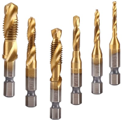 JHUBERS- Taps Set van 6 - HSS Metaaldraadboor - Titanium Gecoat - M3/M4/M5/M6/M8/M10 - Hex Shank 6.35mm - Schokbestendig en Duurzaam