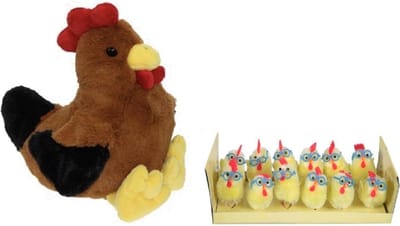 Pluche bruine kippen/hanen knuffel van 25 cm - met 12x stuks mini kuikentjes met brilletje - 4,5 cm - Paas/pasen decoratie