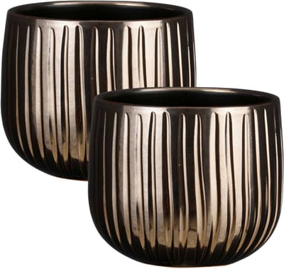 Mica Decorations Plantenpot - 2x - keramiek - brons glans / ribbels - D16 x H14 cm - bloempot Pablo