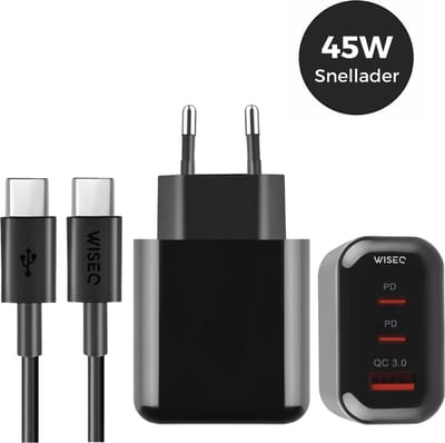 45W snellader GaN technologie - adapter USB A en USB C poorten - inclusief USB C naar USB C kabel 1 meter - geschikt voor Samsung Galaxy en iPhone 17 / 16 / 15 - zwart - WiseQ