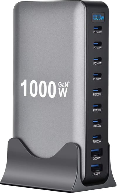 Desktop Oplader Hub 1000W GaN4 – 10 Poorten Oplaadstation (8x USB-C, 2x USB-A) – Snellader / Fast Charger – Universele Lader Geschikt voor Iphone en Samsung