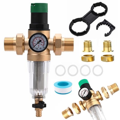 Waterdrukregelende filterklep met veiligheidsventiel - Waterdrukregelaar met manometer – 1-inch terugspoelfilter – 1-inch koppeling/DN25 – Drukgecontroleerd voorfilter - Drukgecontroleerd voorfilter - Duurzaam messing