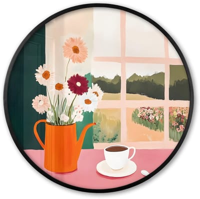 Poster in lijst Rond - Fotolijst 60x60 cm - Posters - Bloemen - Koffie - Raam - Ronde posterlijst zwart - Decoratie - Wanddecoratie woonkamer - Muurdecoratie slaapkamer