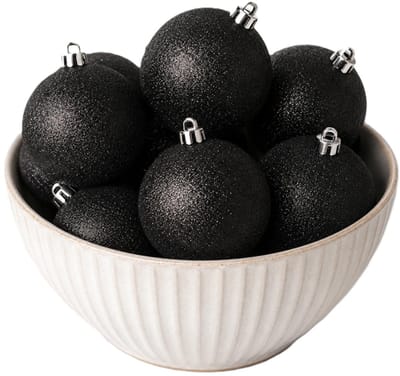 Decoris Kerstballen - 12x st - zwart - glitters - D6 cm - kunststof - kerstversiering