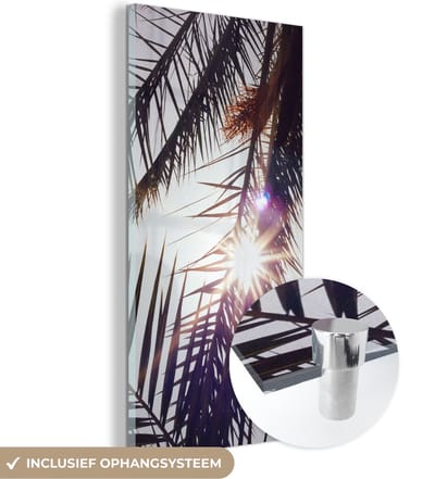 MuchoWow® Glasschilderij 20x40 cm - Schilderij acrylglas - Palmbladeren - Zon - Zomer - Foto op glas - Schilderijen