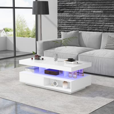 PHOEBE CAT Salontafel - Hoogglans - 4 glazen planken - 2 lades - 2 open compartimenten - Wit