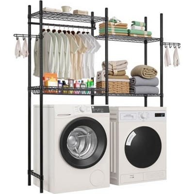 VEVOR Opbergplanken voor wasmachine en droger, 4-laags droogrek met kledingstang en haken, tweelaags verstelbare planken voor wasmachines, voor opslag en organisatie, zwart