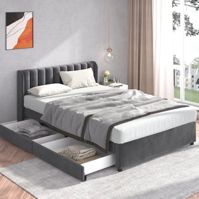 DESMIU Gestoffeerd Bed 140x200cm Bed met Hoge Rugleuning en 2 Lades Opbergruimte voor Slaapkamer Gastenkamer en Jeugdkamer Fluweel Grijs Zonder Matras