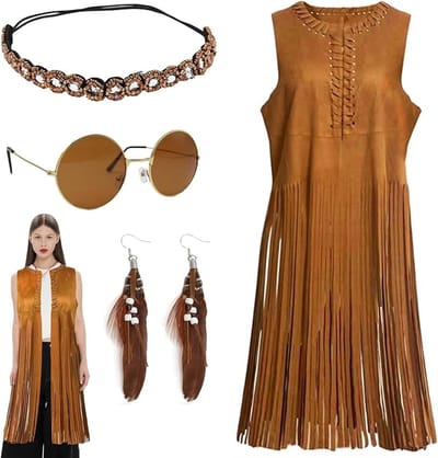 Hippie kledingaccessoire set met franjes, zonnebril, hoofdband, oorbellen en ketting voor carnaval en Halloween feestjes