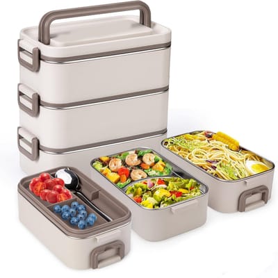 KZQ 3-laagse roestvrijstalen bento box lekbestendig stapelbaar lunchbox voor volwassenen en kinderen school picknick werk kaki