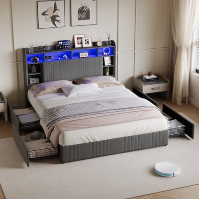 Tweepersoons LED Bed 160x200 cm met Boekenkast en 4 Opbergladen, Donkergrijs Gestoffeerd Hoofdbord, USB Oplaadpoorten en RGB Verlichting