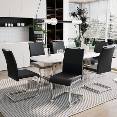 Sweiko Moderne eetkamer stoel set van 6 stuks, PU kunstleer en linnen rugleuning, hoge rugleuning zachte kussen zijstoel, kruis rugleuning ontwerp voor eetkamer, keuken en gastenkamer bureaustoelen, Zwart