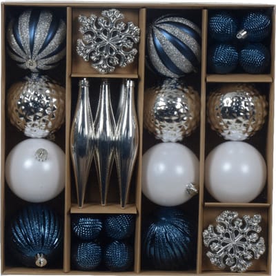 Decoris Kerstballen en ornamenten set -46-delig - blauw/wit/zilver -kunststof - kerst