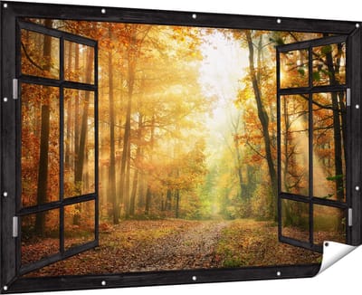Gards Tuinposter Doorkijk Herfstbos met Zonneschijn - 180x120 cm - Tuindoek - Tuindecoratie - Wanddecoratie buiten - Tuinschilderij