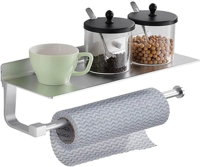 Famanu - Papieren Handdoekhouder Wall Mount – voor Badkamer Papier Handdoekhouder voor badkamer met plank handdoek houder materie zilver