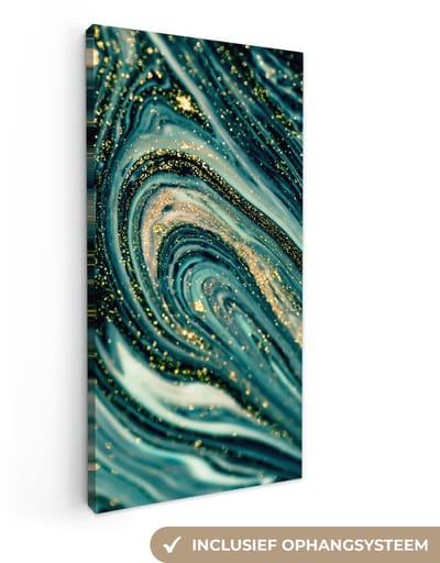 Canvas schilderij 20x40 cm - Wanddecoratie Marmerlook - Luxe - Goud - Turquoise - Glitter - Muurdecoratie woonkamer - Slaapkamer decoratie - Kamer accessoires - Schilderijen op canvas