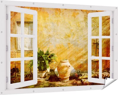Gards Tuinposter Doorkijk Oude Stenen Muur - 180x120 cm - Tuindoek - Tuindecoratie - Wanddecoratie buiten - Tuinschilderij