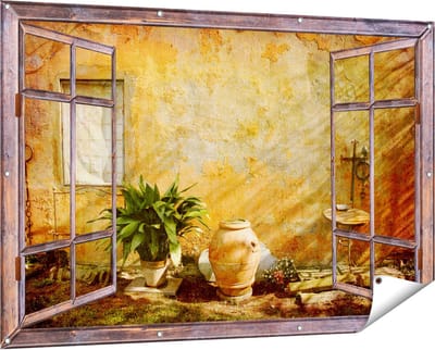 Gards Tuinposter Doorkijk Oude Stenen Muur - 150x100 cm - Tuindoek - Tuindecoratie - Wanddecoratie buiten - Tuinschilderij