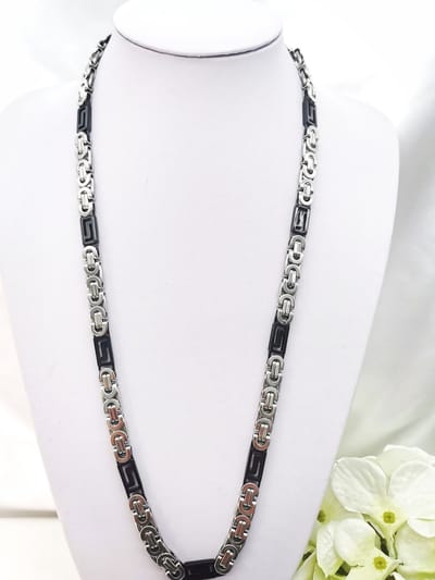 RVS - HEREN - Bi-color platte - Koningsketting - Zilverkleur met Grieks motief zwart blok design - 70 cm