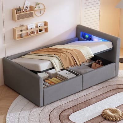 MODENUIT Kinderbed 90x200 cm – LED-verlichting, nachtlamp en USB-aansluiting – Hydraulische opbergruimte – Zonder matras – Lichtgrijs