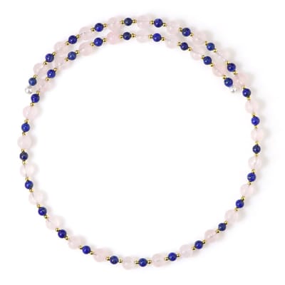 Cavill - Stalen Halsband met Natuurlijke Rozenkwarts 74 7 ct, Lapis Lazuli & Gouden Hematiet - Elegante Edelsteen Ketting - Roze & Blauw