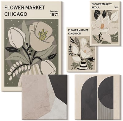Wallfluent Set van canvas schilderijen - Stijlvolle composities met florale en geometrische motieven Canvas Schilderijen Set - Set van 5 Canvas Schilderijen - Grijs Set van Canvas Prints - Natuur Canvas Kunst Set - Boheemse Canvas Kunst Set