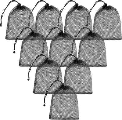 10 x Zwarte Nylon Mesh Tas met Trekkoord voor Strand Speelgoed, Verzamel- en Wasdoeleinden, 20 x 15 cm, Duurzaam en Lichtgewicht