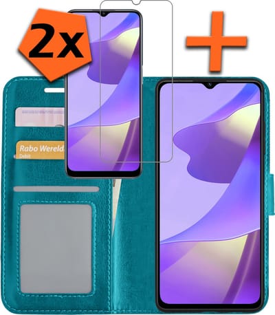 Hoes - Met 2x Screenprotector - Geschikt voor OPPO A16 - Luxe Pasjeshouder - Bookcase Portemonee - Flip Case - Kunstleer Book Case - Flipcase Hoes - Book Cover - Walletcase - PortemonneeHoes - Turquoise