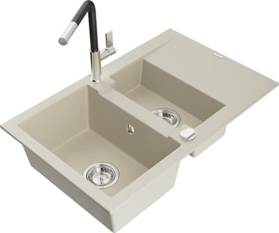 Mexen Gaspar granieten gootsteen 1,5-komers met afdruiprek en keukenmengkraan Flora, beige - 6507-69-670401-07