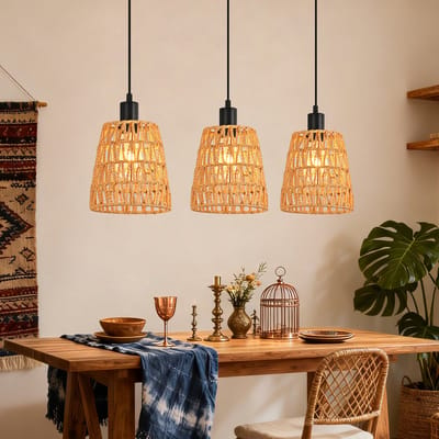 NETTLIFE E27 Hanglamp - Boho Rotan - 3-lichts - Vintage gevlochten kap - Papieren touw - retro - Voor eettafel eetkamer & slaapkamer - Zonder lamp