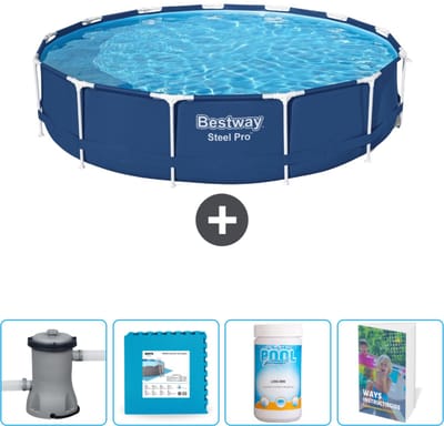 Bestway Rond Steel Pro Zwembad - 396 x 84 cm - Blauw - Inclusief Pomp Vloertegels - Chloor - Zwembadgids