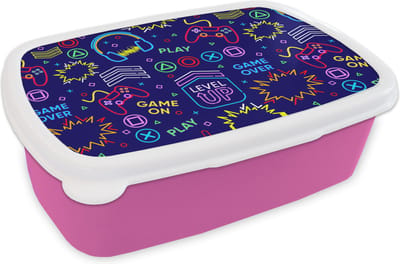 Broodtrommel Roze - Lunchbox - Brooddoos - Gaming - Neon - Koptelefoon - Design - 18x12x6 cm - Kinderen - Meisje