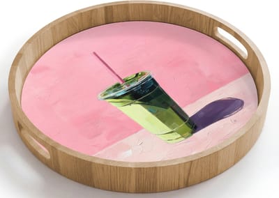 Dienblad rond 40x40 cm - Schootdienblad hout - Beker - Rietje - Minimalistisch - Groen - Borrelplank rechthoek - Plateau houten dienbladen