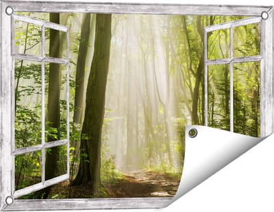 Gards Tuinposter Doorkijk Bos met Bomen en Zonneschijn - 60x40 cm - Tuindoek - Tuindecoratie - Wanddecoratie buiten - Tuinschilderij
