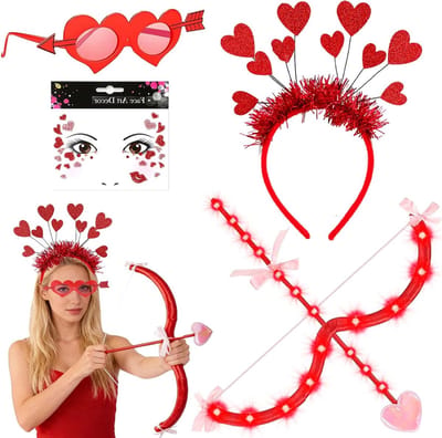 Amor Kostuum voor Dames en Kinderen, Rood, Carnaval Outfit met Hoofdband, Hartbril, Gezichtsdecoratie, Boog en Pijlen met LED voor Carnaval en Valentijnsdag
