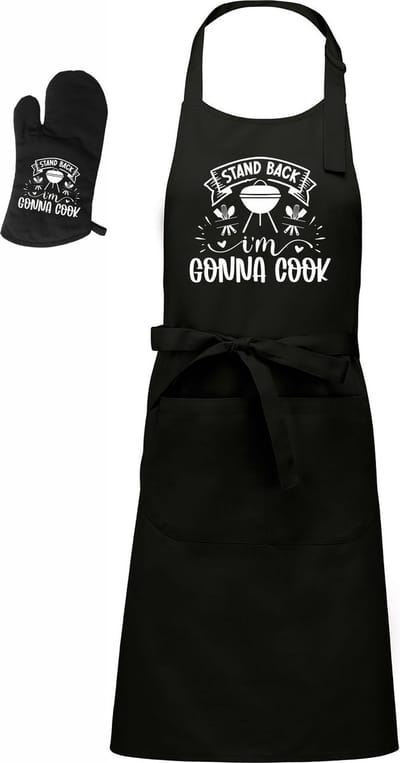 Luxe BBQ- en keukenschort - tesktschort - Stand back i'm gonna cook - 76 x 90 cm - verstelbaar en voorvak - met barbecue handschoen - one size - zwart
