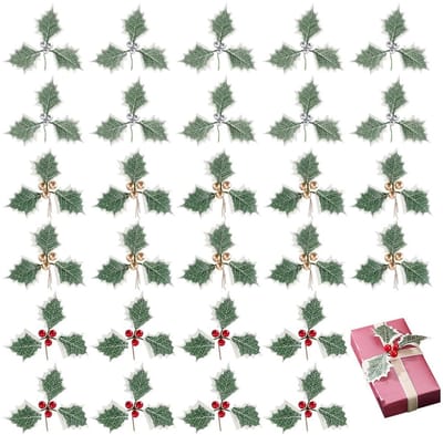 Dailygoods- Hulstbessen 30 Stuks - Kunstmatige Bessen - Groene Bladeren - Cederblad Stengels - Rode Hulst Bessen - Voor Kerstdecoratie