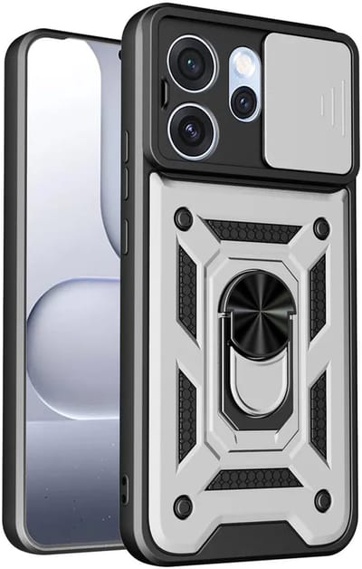 MobyDefend Hoesje - Geschikt voor Oppo Reno15 Pro - Pantsercase Met Draaibare Ring - Zilvergrijs