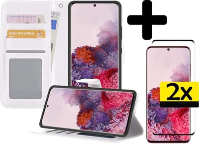 Hoesje - Met 2x Screenprotector - Geschikt voor Samsung Galaxy S20 - Luxe Pasjeshouder - Bookcase Portemonee - Flip Case - Kunstleer Book Case - Flipcase Hoes - Book Cover - Walletcase - Portemonneehoes - Telefoonhoesjes - Wit