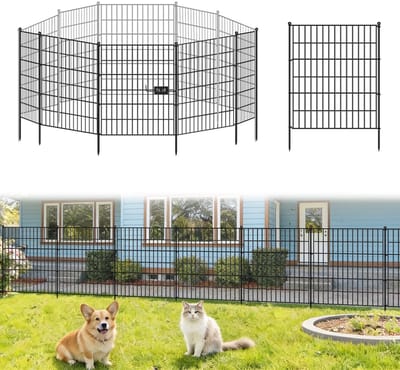 Lemlit Tuinhek met Poort 5 delig - Metalen Insteekhek met 4 Panelen en Hekpoort - Vijverhek en Dierenhek voor Hond Tuin Gazon en Border - 71 x 101 cm Breed - Zwart
