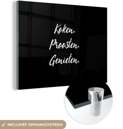 MuchoWow® Glasschilderij 120x90 cm - Schilderij acrylglas - Quotes - Spreuken - Koken. Proosten. Genieten. - Eten - Foto op glas - Schilderijen
